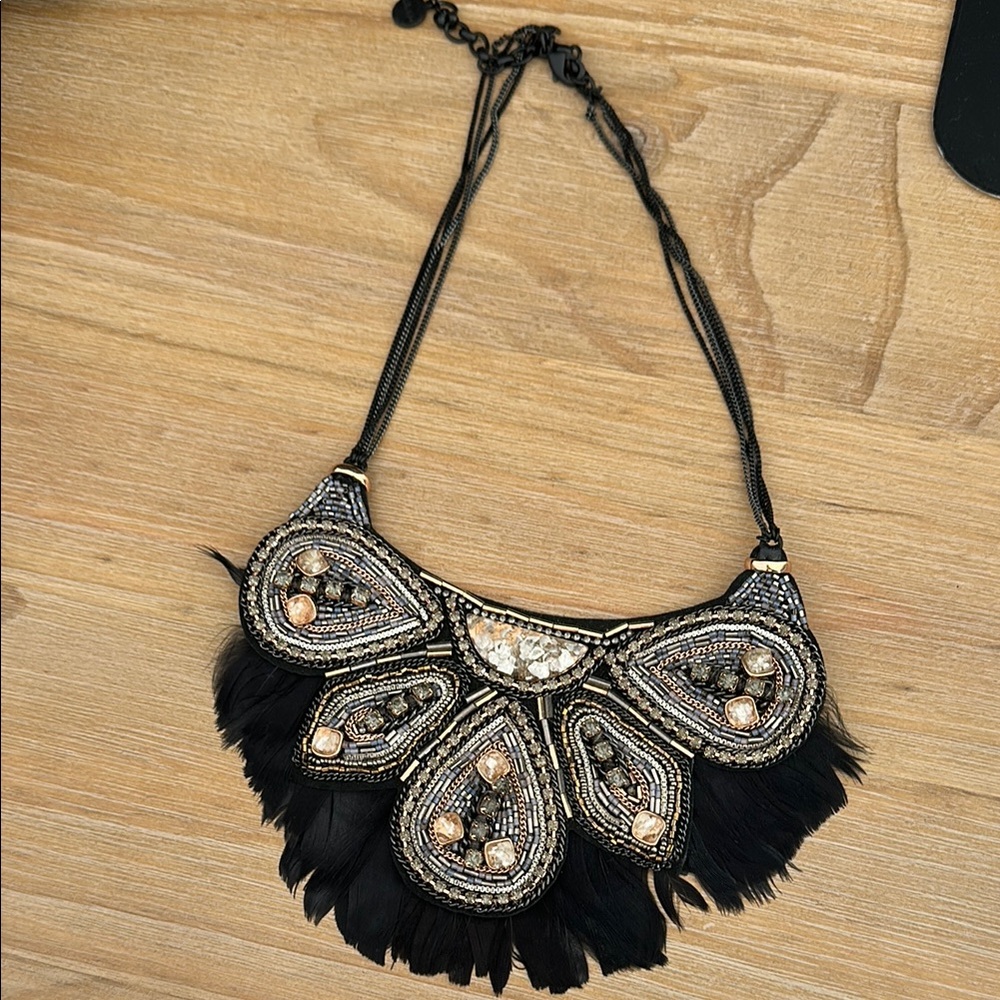 Stella & Dot Constantine Beaded Statement Necklace with Black Feathers